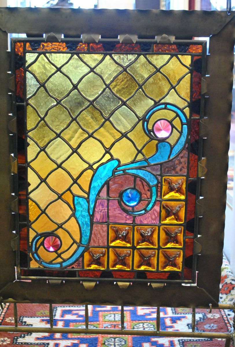Victorian Brass Stained Glass Fireplace Screen