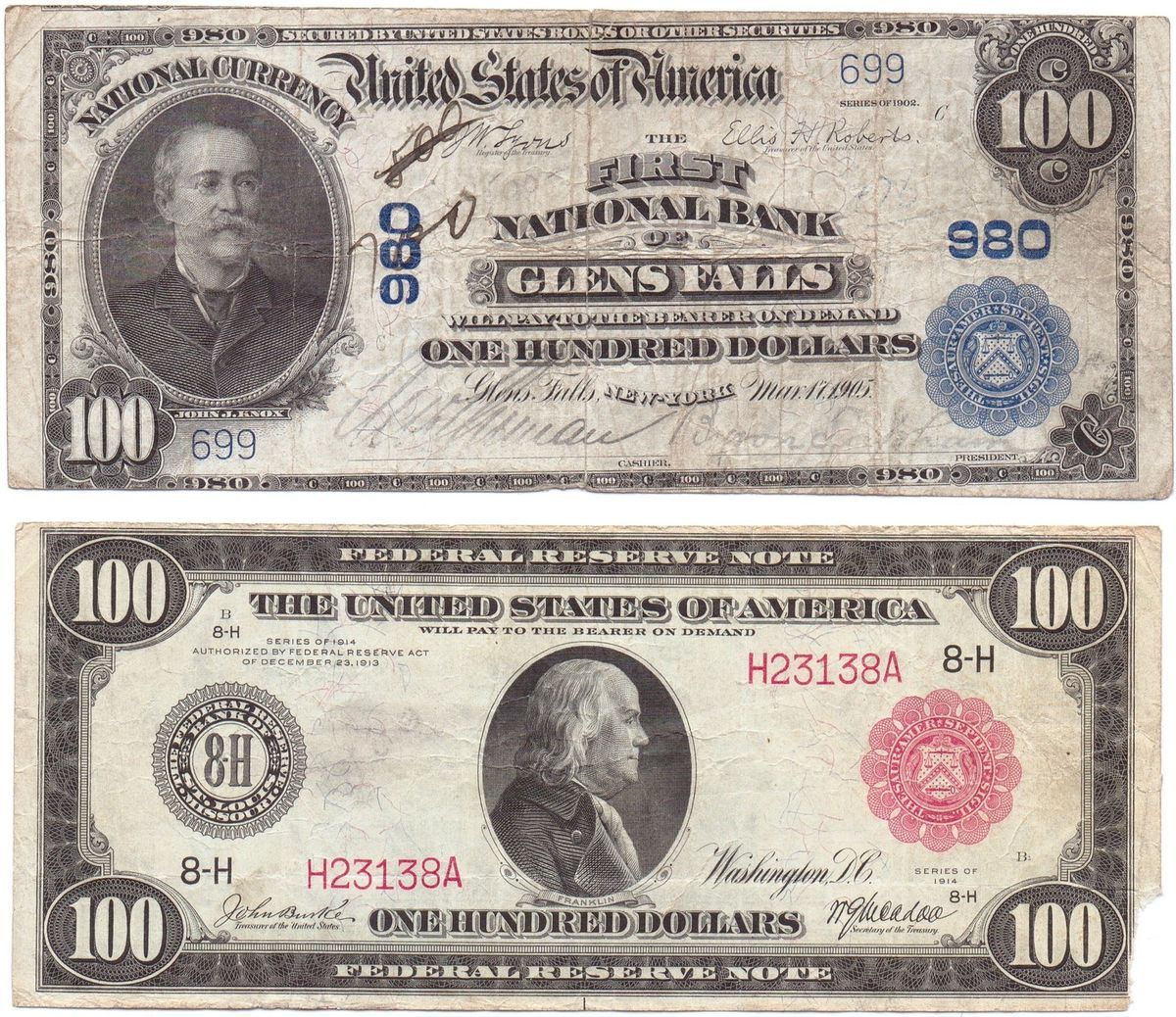  LOT ONLY KNOWN 1902 $100 NBN Glens Falls, NY & 1914 $100 RED SEAL FRN
