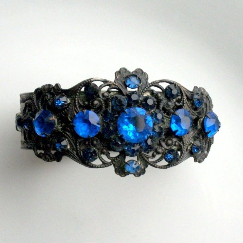 Ornate Blue Glass Rhinestone Filigree BRACELET victorian vintage