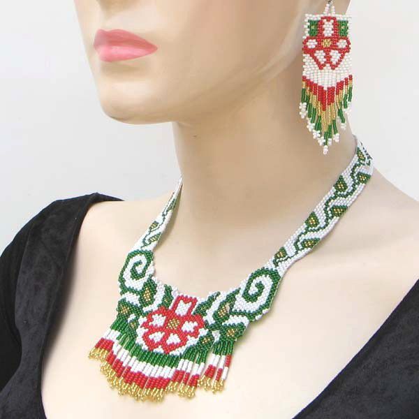 Green White Seed Beads Beaded Flower Necklace Earrings