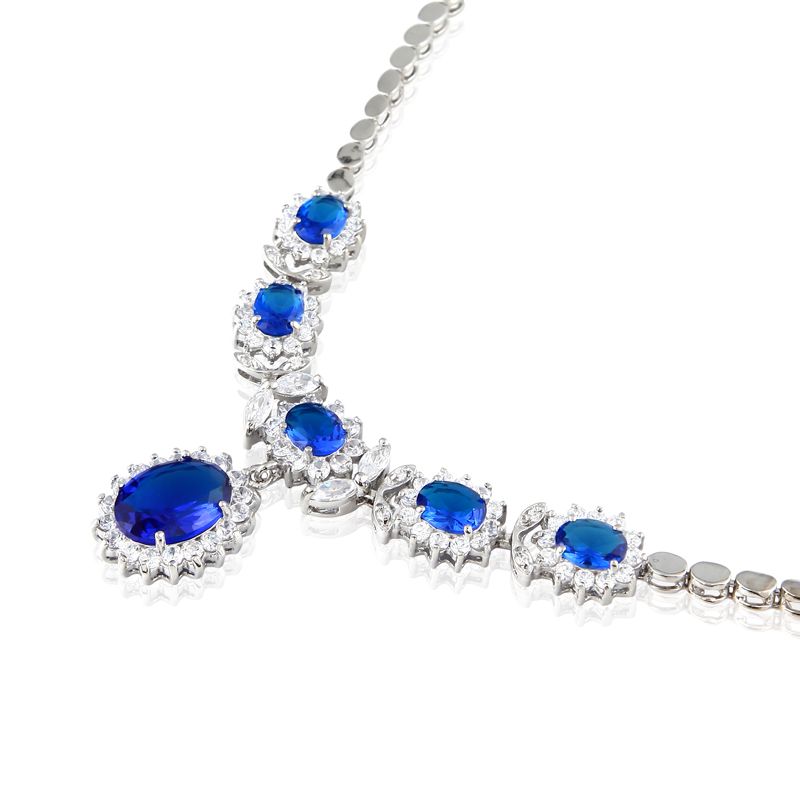 Oval Cut Blue Sapphire White Gold Plated Pendant Necklace Silver Tone