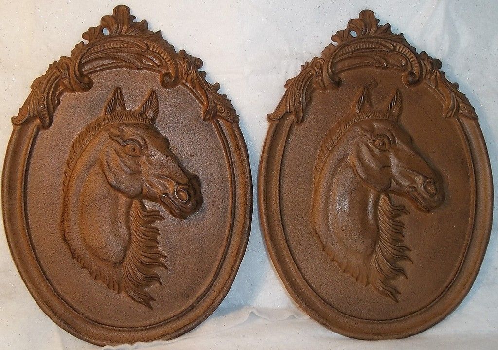 Pair of AWESOME LOOKING Large Size Vintage Cast Iron HORSE HEAD Wall