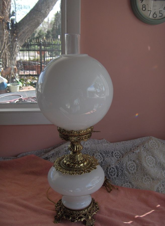  WMC Milk White Glass 2 Globe Hurricane Table Lamp Brass Nice