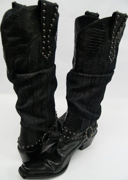 Renee Leather Denim Cowboy Boots Black Sz 8