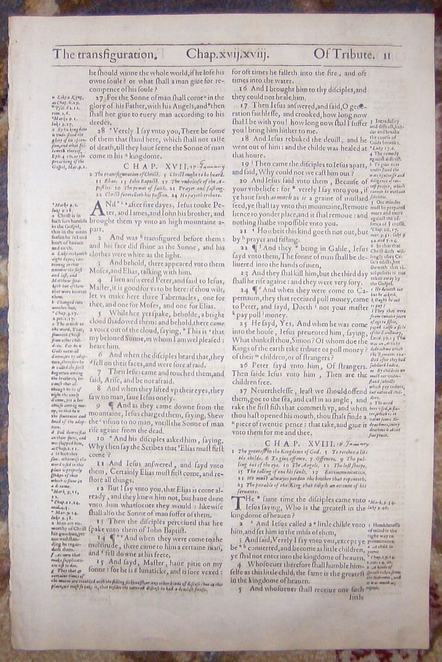 1607 Geneva Folio Roman Letter Bible Leaf Matthew Transfiguration of