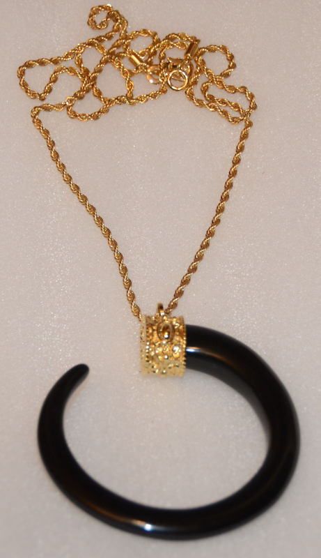 Kenneth Jay Lane C Black Pendant on Gold Chain Necklace