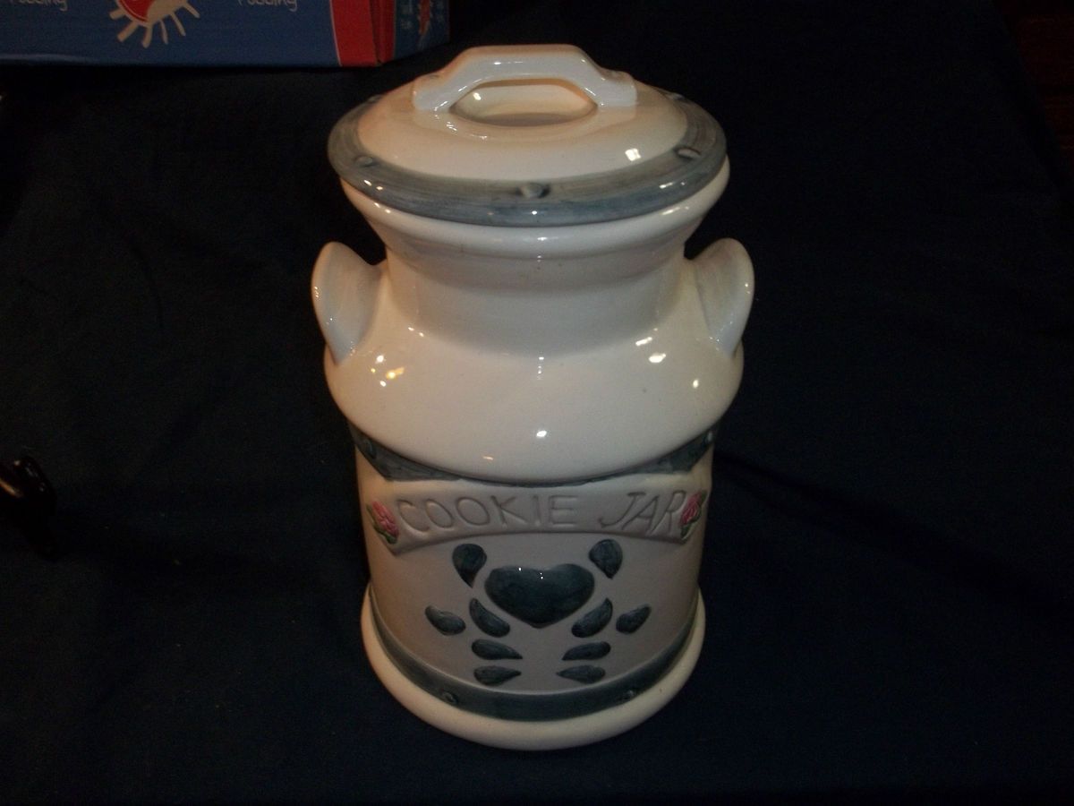1988 Jay Imports Milk Can Style Cookie Jar with Blue Folk Art Heart