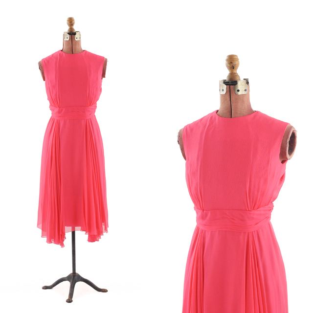 VINTAGE 50s Jeunesse Hot Pink SHEER CHIFFON Flair Cocktail Holiday