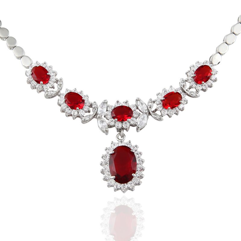  CUT RED RUBY WHITE GOLD PLATED PENDANT NECKLACE SILVER TONE NECK CHAIN