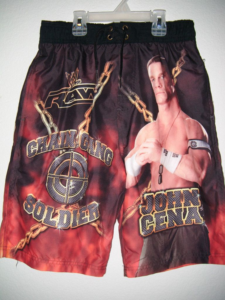 WWE John Cena Swim Trunks Chain Gang Soldier Bathing Suit Boy's Size L Large 14  