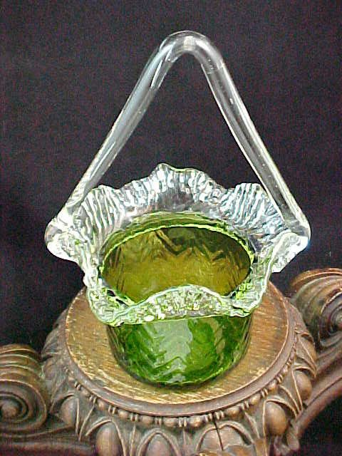 Vibrant Antique Bohemian Czech Kralik Green ZigZag Art Glass Basket