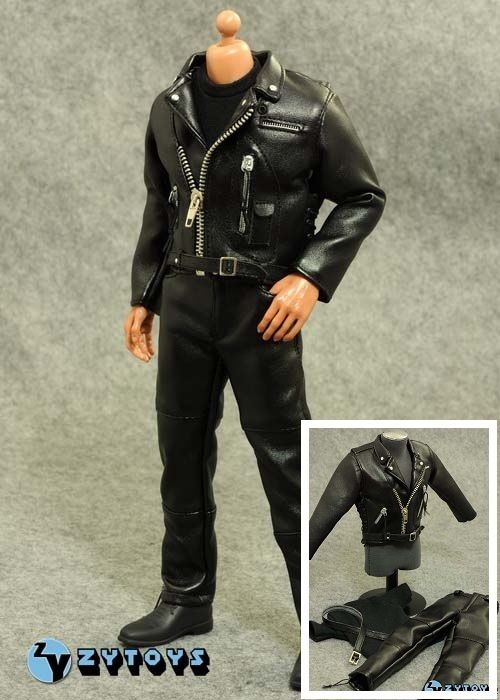 ZY Toys 1 6 Terminator T800 Black Leather Costume Hot Pants Jacket
