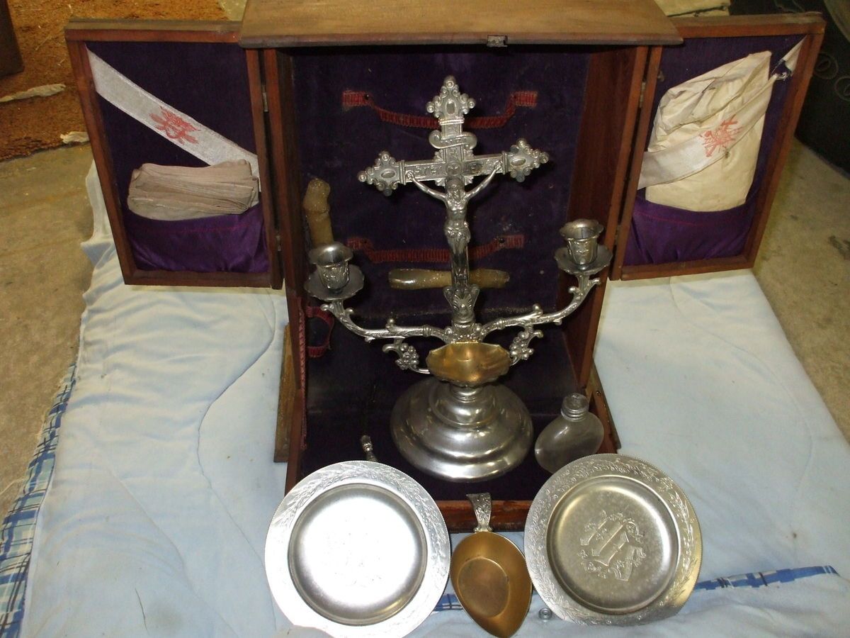  Preists COMMUNION Outfit Antique Box Candelabra Crucifix early 1900s