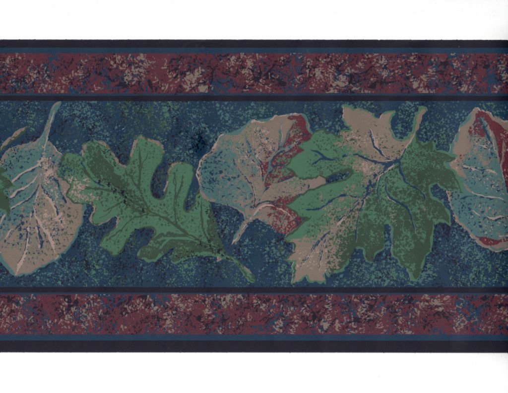 Blue Green Burgundy Taupe Loose Leaf Leaves Wall Paper Border