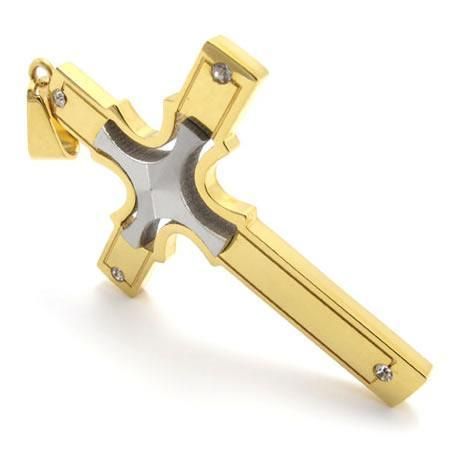Mens Gold Silver Stainless Steel Cross Pendant Necklace
