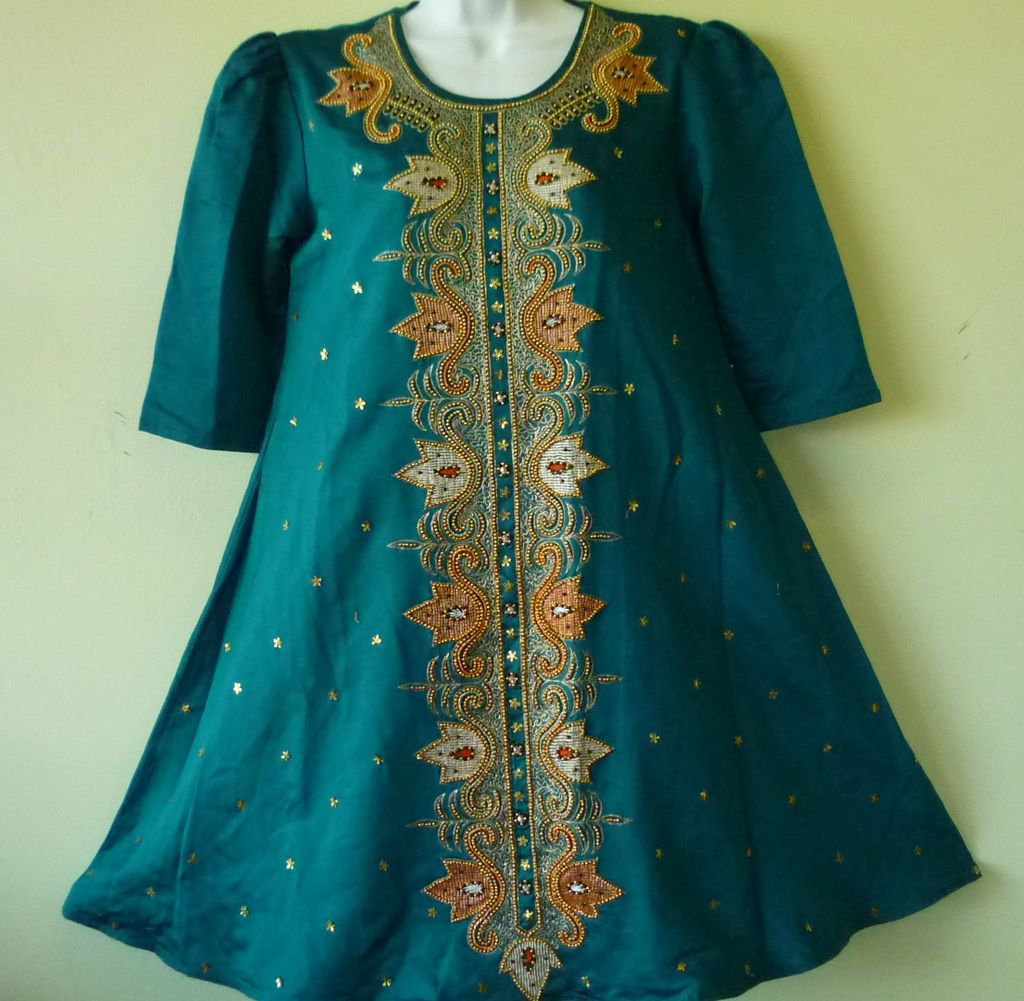 emerald green silk lavish beaded embroidered Asian traditional dress S