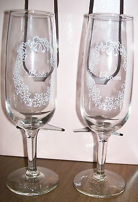 Wedding Floweral Bride Groom Flute Wine Glasses Matching Set 7 tall