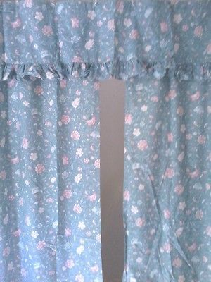 BLUE Floral Fabric Shower Curtain Ruffled Valance Pink Green White