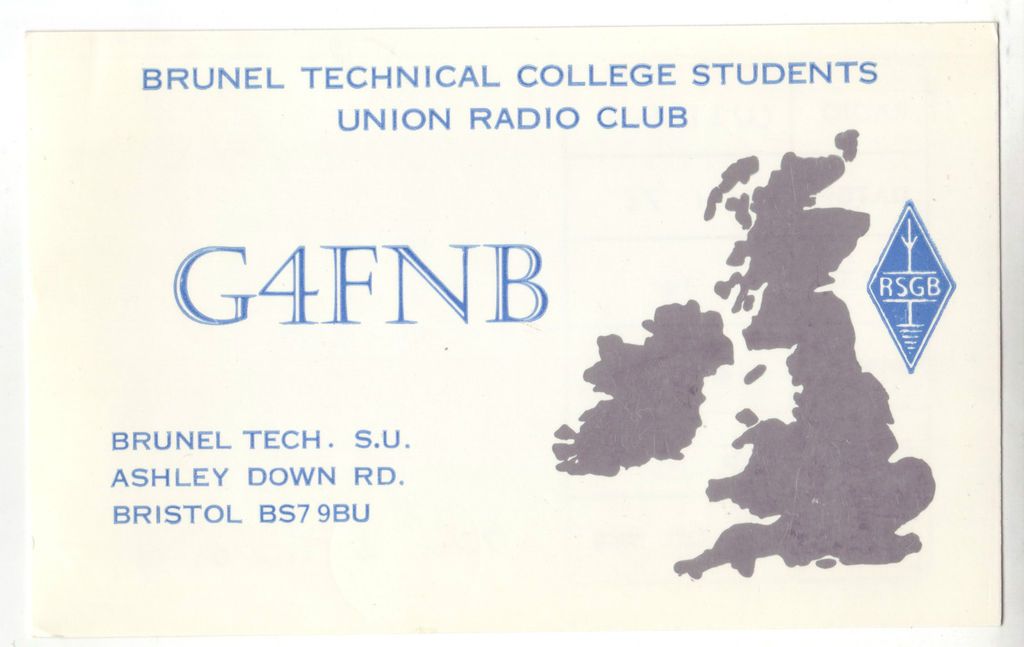 Ham Radio Card UK England Bristol G4FNB Brunel Technical College Club