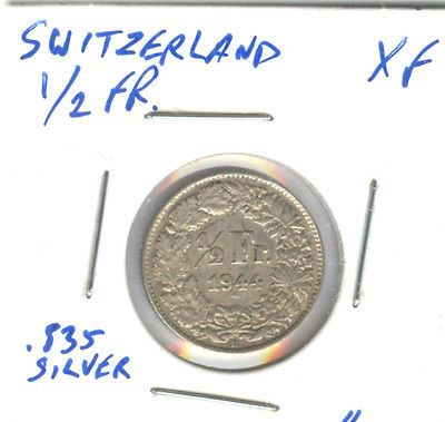 1944 SWITZERLAND 1/2 FRANC SILVER XF COIN