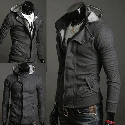 NWT Mens Slim Top Designed Sexy Hoody Hooded Jacket Coat Tops Gray M