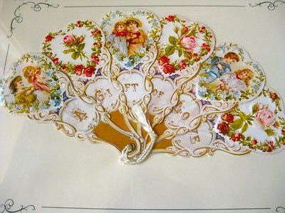 Large Diecut Victorian Fan Greeting Card Children, Hearts, and Roses