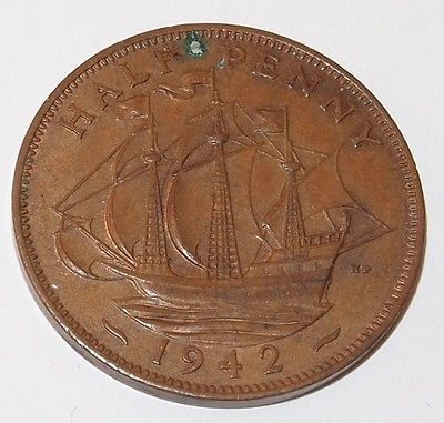 1942 U.K. GREAT BRITAIN 1/2 PENNY HALF Cent copper COIN
