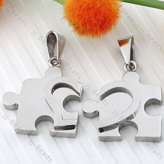 1Set Silver Tone Love Heart Puzzle Jigsaw Stainless Steel Pendant